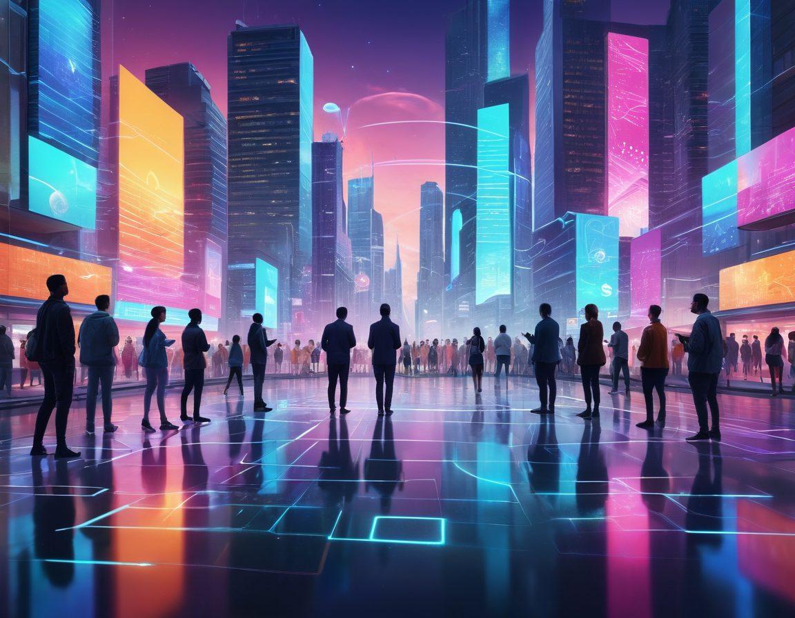 A futuristic scene showcasing a diverse group of people engaging with advanced voice-driven applications on sleek devices. Integrate elements like holographic interfaces, sound waves, and AI symbols to illustrate interaction. Show an urban background with smart city elements, emphasizing technology's role in daily life. Bright, vivid colors to evoke a sense of innovation and progress. super-realistic. vibrant colors.