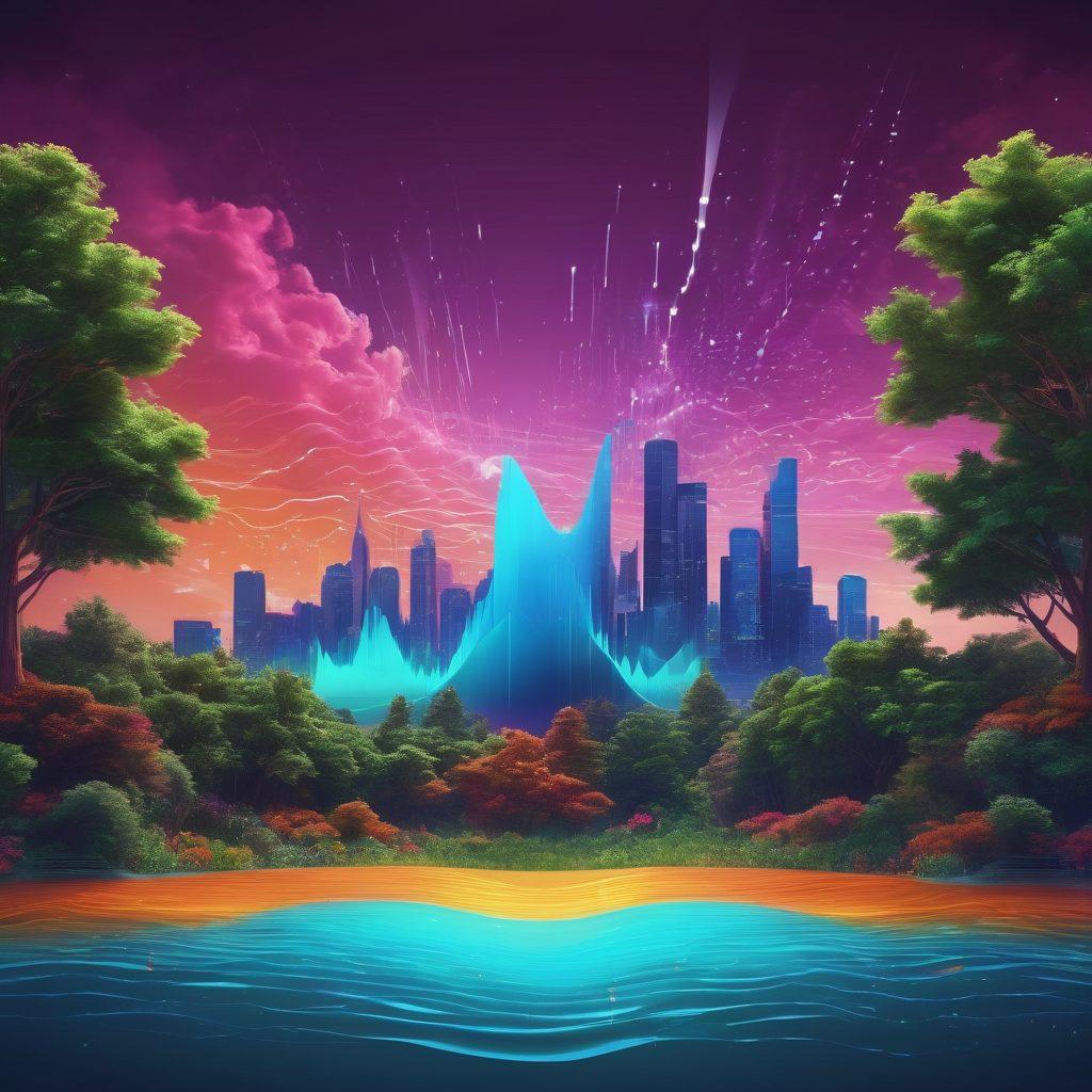 A futuristic landscape featuring a stylized waveform emerging from a digital device, symbolizing vocal modeling. Include a diverse group of people engaged in conversation, with speech bubbles transforming into colorful sound waves. Integrate a blend of technology and nature, showcasing trees and buildings resonating with sound frequencies. Use vibrant colors to highlight the magic of voice synthesis technology. super-realistic. vibrant colors. 3D.
