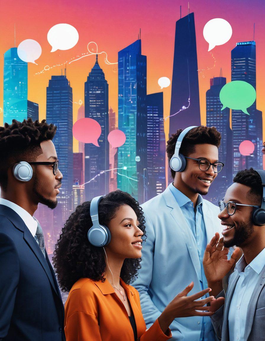 A futuristic scene depicting a diverse group of people interacting with voice synthesis technology, with speech bubbles and sound waves visualizing their conversations. In the background, a city skyline showcases various innovative devices like smart speakers and wearable tech. Highlight a sense of connection and communication across cultures. Emphasize warm, engaging colors to evoke a friendly atmosphere. vibrant colors. 3D. super-realistic.